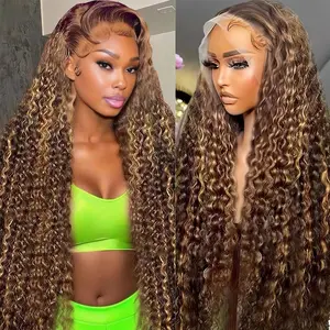 Highlight Ombre Deep Wave Lace Front Wigs Human Hair Wig 13x4 Honey Blonde Wig Human Hair HD Glueless Deep Wave Wig 4/27 Colored Wet and Wavy Curly Wig Pre Plucked for Women 180% Density