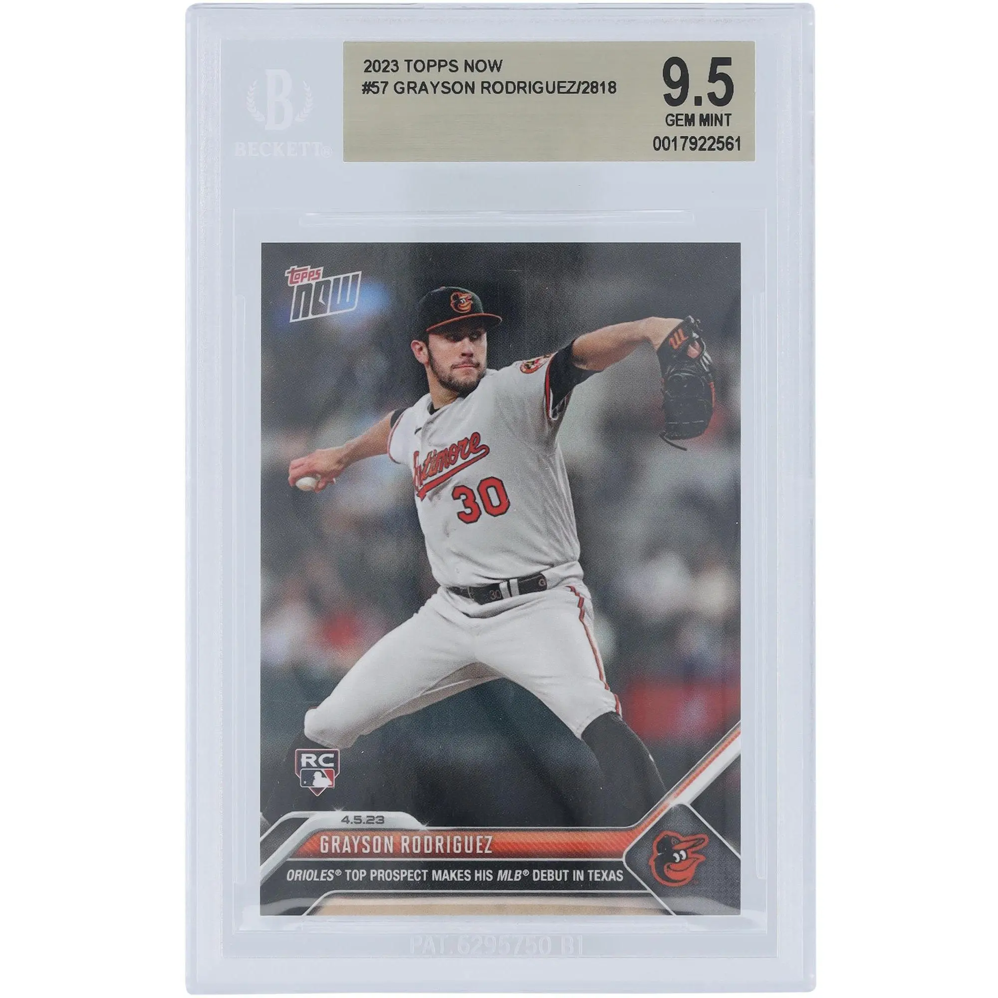 Grayson Rodriguez Baltimore Orioles 2023 Topps Now MLB Debut 04.05.2023 #57 BGS Authenticated 9.5 Rookie Card