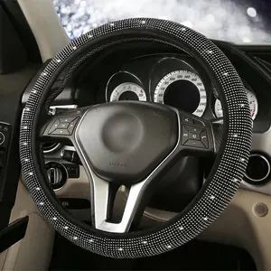 COKAB LLC Steering Wheel Cover / Women Fashion Black Velvet Bling Steering Wheel Cover with Black Diamonds, 15 inch Standard Glitter Rhinestone Car Wheel Cover Sparkling, Full Covered