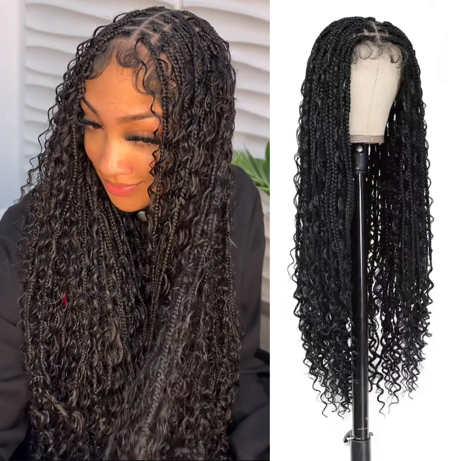 Lace Front Boho Knotless Box Braided Wigs for Black Women Boho Curls Box Braid Wigs with Baby Hair Black Lightweight Synthetic Lace Frontal Box Braided Wig with Curly End