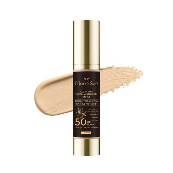 April's Angels All-in-One Tinted Moisturizer SPF 50 - Vegan, Hydrating, Sun Protection, Natural Facial UVA/UVB, Broad Spectrum, Hyaluronic Acid, Niacinamide, Vitamin C Lightweight Jasmine Long Lasting Aloe Daily Lighten
