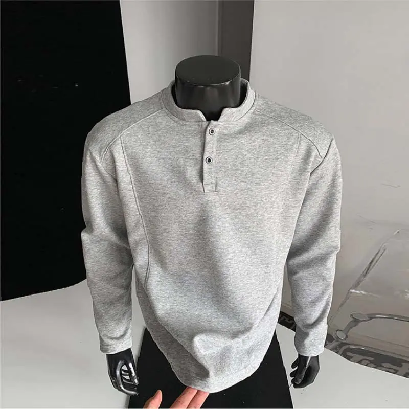 Men's Minimalist Stand Collar Henley Long Sleeve Top, Two Button Half Placket Raglan Shoulder Seam Detail Straight Cuffs Relaxed Loose Silhouette Casual Pullover For Daily Business Casual Commute Street Weekend Outdoor Leisure Activities#SummerWins