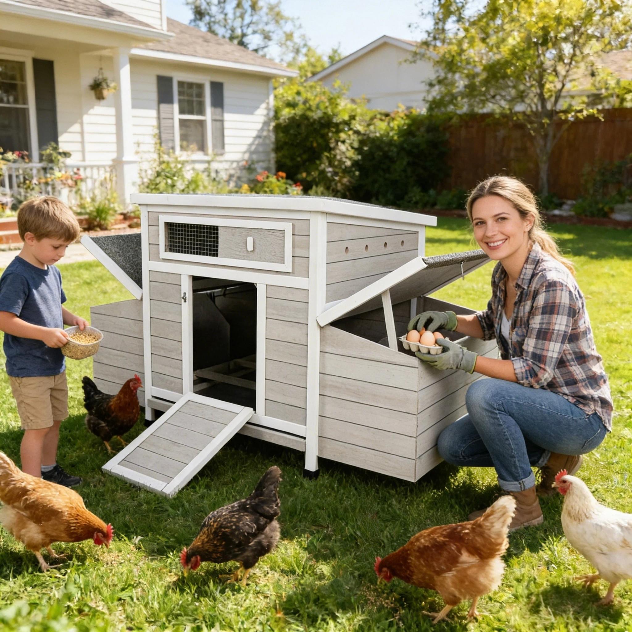 Eyisean 58" Wooden Large Outdoor Chicken Coop, Portable Hen House with Waterproof Foot & Pull-Out Tray, Dual-Sided Ventilation Holes, Poultry Cage with 2 Sides Nesting Boxes, Easy-Clean for Backyard