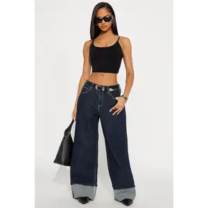 Central Park Cuffed Wide Leg Jeans - Dark Wash