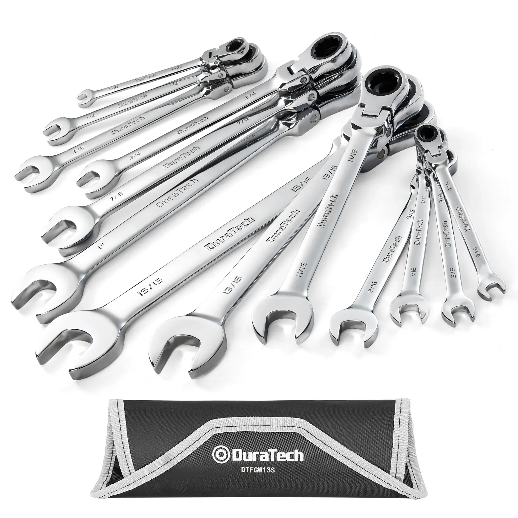 #fathersdaygift DURATECH Flex-Head Ratcheting Combination Wrench Set, SAE, 13-piece, 5/16'' to 1/4'', CR-V Steel, with Rolling Pouch