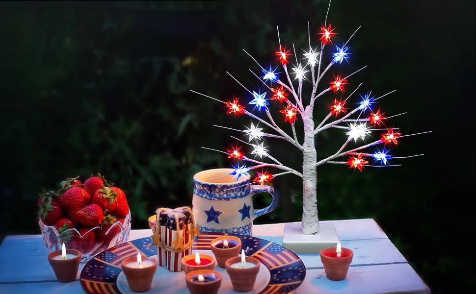 Patriotic LED Tree Lights, 24 Inch 4th of July Decorations Lighted Tree Lamp with 8 Lighting Modes & Timer, Red White Blue Tabletop Tree Light, USB Battery Operated Mini Bonsai Tree for Independence Day Indoor Home Table Party Decor