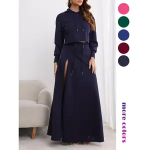 Women's Solid Drawstring Hoodie & Split Thigh Skirt Set, Long Sleeve Top & Pocket Long Skirt, Winter Co-ord, Casual Lounge?Fashion Cozy Co-ord Set, Women Clothes