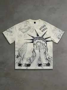 Street Retro Liberty Print Short Sleeve T-Shirt, Unisex Loose Fit Casual Fashion Top, Trendy Graphic Tee for Men and Women
