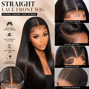 Straight lace front-mounted wig, pre-plucked hair, no glue required, natural black silky straight high-definition lace wig, long straight wig, center parting, easy to wear, soft and smooth, suitable for women, beginner-friendly,