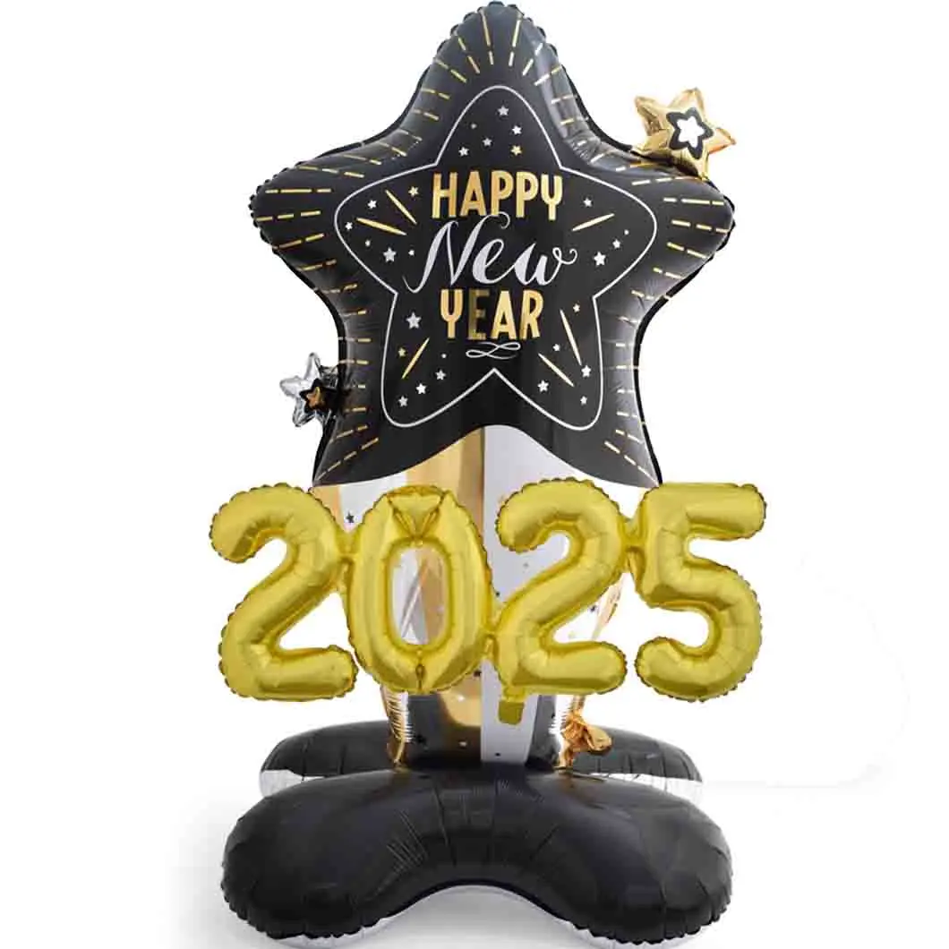 Happy New Years Balloons,Large Standing Gift Box with Star Balloon Balack Foil Balloons Set, 2025 New Years Gift Balloon with Base New Year Party Supplies Decorations 2 Pcs