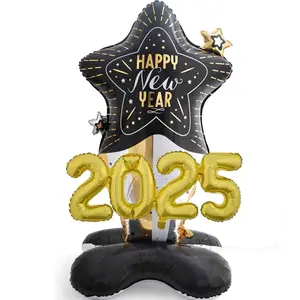 Happy New Years Balloons,Large Standing Gift Box with Star Balloon Balack Foil Balloons Set, 2025 New Years Gift Balloon with Base New Year Party Supplies Decorations 2 Pcs