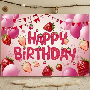 1 piece of strawberry birthday party banner - featuring a vibrant pink background adorned with red strawberries, balloons, and checkered flags. It's a polyester photography background suitable for home wall decoration, serving as a year-round birthday