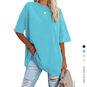 Danedvi Women's Oversized Cotton T-Shirt, Half-Sleeve Round Neck Soft Comfortable Long Drop-Shoulder Tunic Top for Casual Womenswear