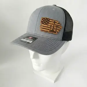 American Flag Cross Leather Patch Trucker Hat - Premium Richardson 112 Style Cap - Patriotic Christian Graphic Headwear - Durable Workwear Accessory for Men - Adjustable Snapback Cap - High Quality Laser Engraved Patch Gift