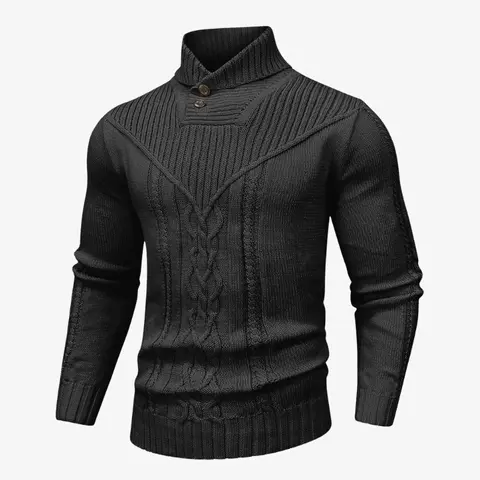 Wizoat Men's Clothing Long Sleeve Shawl Collar Cable Knit Button Fit Knitted Pullover Knitwear - Plain Black, Soft, Relaxed-Fit, Ribbed Cuffs Casual Top, Warm Fall Winter Layer for Daily Office, Matches Shirts Jeans, Hand Wash