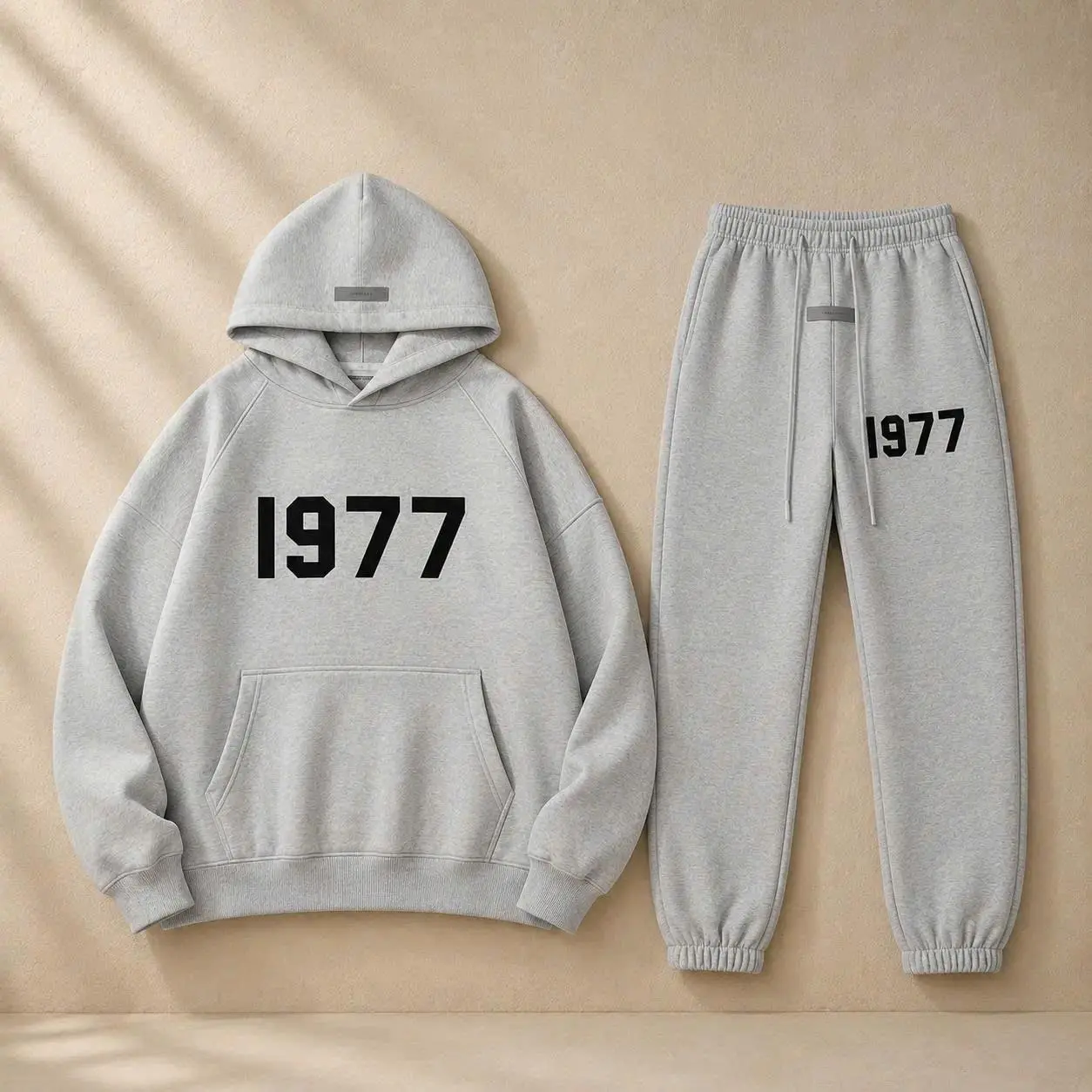 Casual 1977 Essential Hoodie & Pants Grey Set – Unisex Streetwear Tracksuit, Pullover Sweatshirt + Joggers, Gift For Him Her