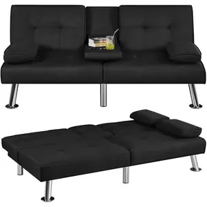 Yaheetech  Convertible Fabric  Futon Sofas&Sofa Bed with 2 Throw Pillows & Drop-down Cup Holders, 3-In-1 Adjustable Futon Couch
