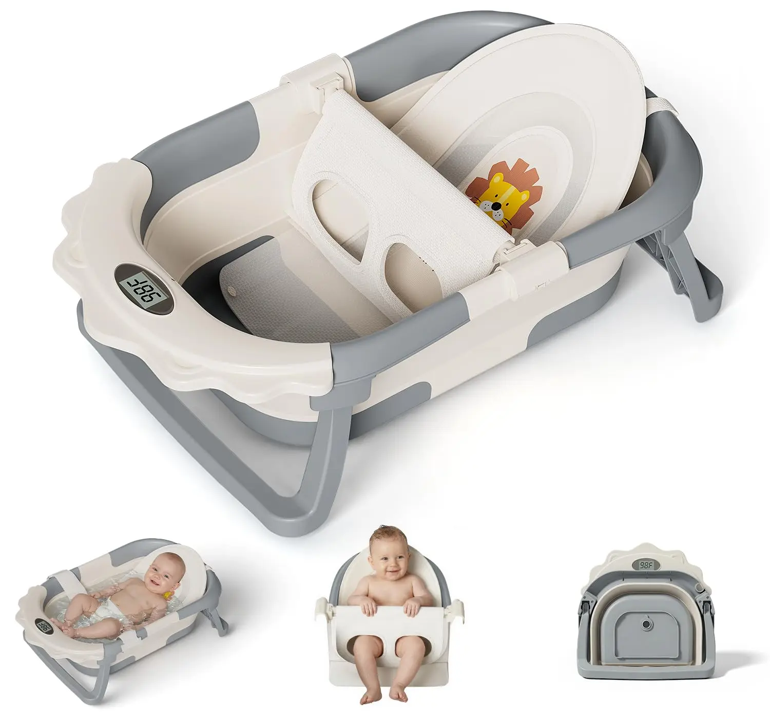 #Summerwins，MoreFeel Foldable Baby Bathtub with Thermometer - 4-in-1 Grow-with-Me Collapsible Infant Tub (Newborn to Toddler) with Adjustable Mesh Sling - Space Saving Design