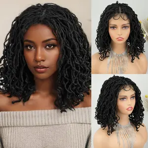 MISS FANCY Short Bob Braided Wig 4x4 Lace Front Embroidery 16 Inch Faux Locs Twist Dreadlock Wigs for Balck Women Afro Curly Synthetic Braided Wig With Baby Hair