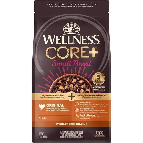 Wellness CORE+ Small Breed Adult Dry Dog Food with Freeze Dried Pieces, Wholesome Grain Kibble+, Natural, High Protein, Turkey and Chicken Recipe, 4 lb Bag