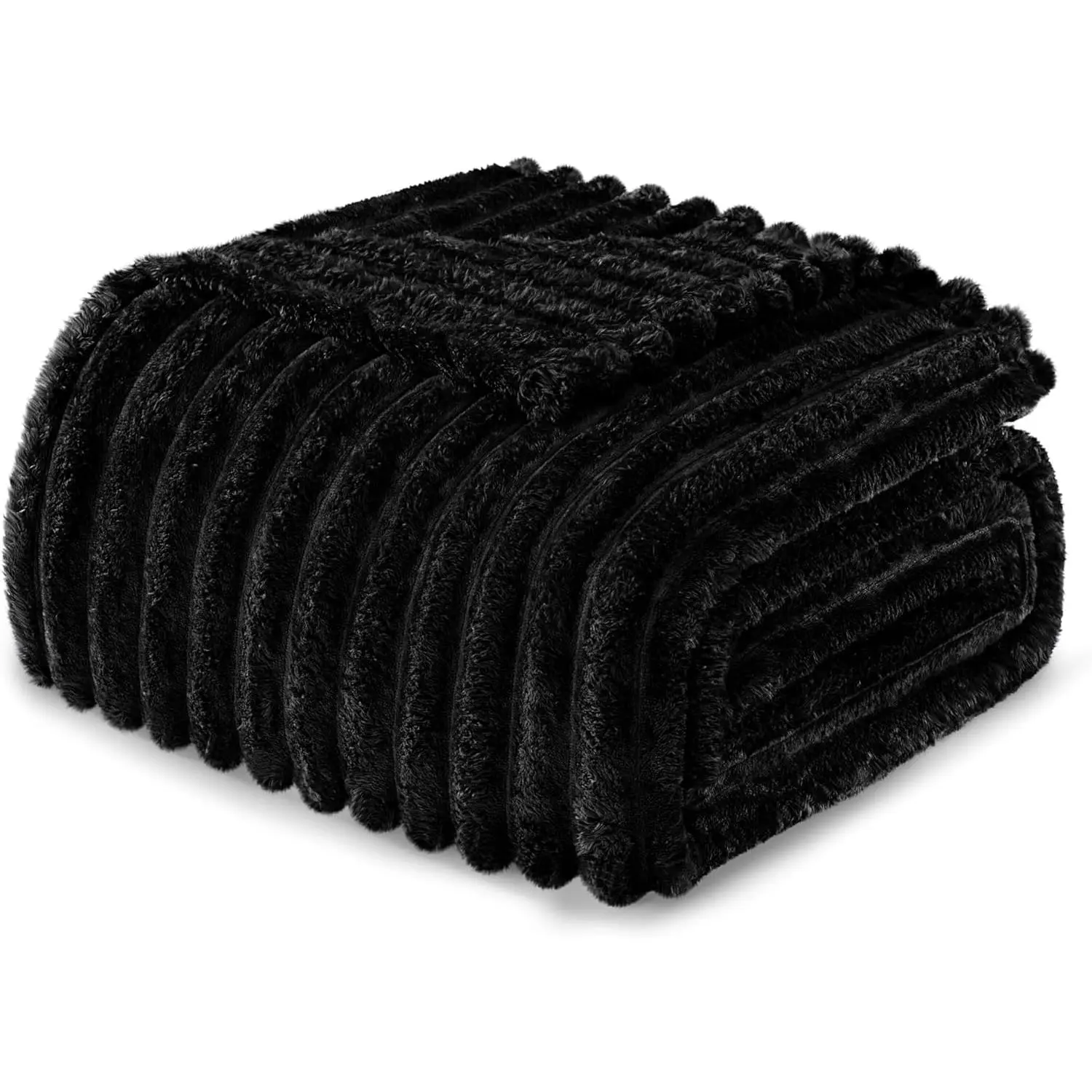 Queen Size Premium Microfibre Polyester Flannel Fleece Blanket - Striped Jacquard Pattern, Durable, Breathable, All-Seasons, Versatile Soft Lightweight Fuzzy Bedding, 90x90in, Black, Machine Washable
