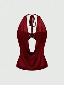 Glamine Women's Y2K Retro Deep Draped Neck Backless Street Style Strapless Tank Top (Includes Camisole Lining)