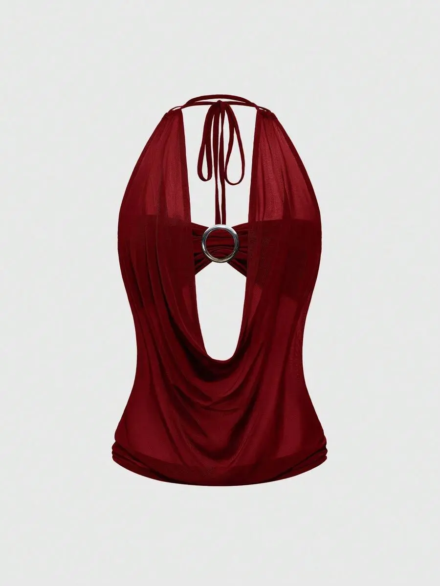 Glamine Hippie Women's Y2K Retro Deep Draped Neck Backless Street Style Strapless Tank Top