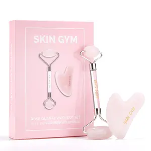 Skin Gym Rose Quartz Workout Set with Gua Sha, Facial Treatment Kit, and Serum for Skincare Comfort
