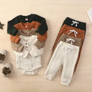 Newborn Baby Boy Girl Clothes Ribbed Knitted Cotton Long Sleeve Romper Long Pants Solid Color Fall Winter Outfits