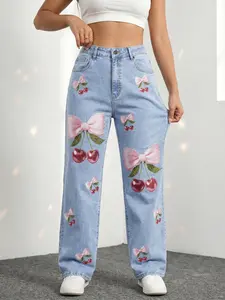 JR JEANIUS WEAR Women's High Waist Oversized Wide Leg Denim Jeans - High Stretch Light Wash, 3D Pink Bow, Cherry Sequin Print, Glossy Lady Streetwear Piece, Breathable Aesthetics for Everyday Sweet Casual Wear,summerwins