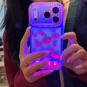 Girls' LED Cherry Hollow Cartoon Phone Case Cover, Cute Couple Style, Flashing Call Light, Kids Gift, Protection, Protective, Shockproof Phone Cover, Mobile Phone Accessories, Fits X/XR/XS Max/11/12/13/14/15/16/17 Pro/plus/pro Max