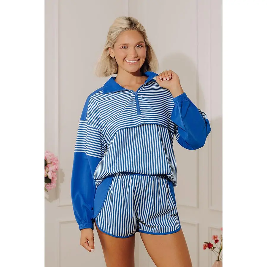 Boardwalk Breeze Stripe Quarter Zip Sweater in Royal Blue