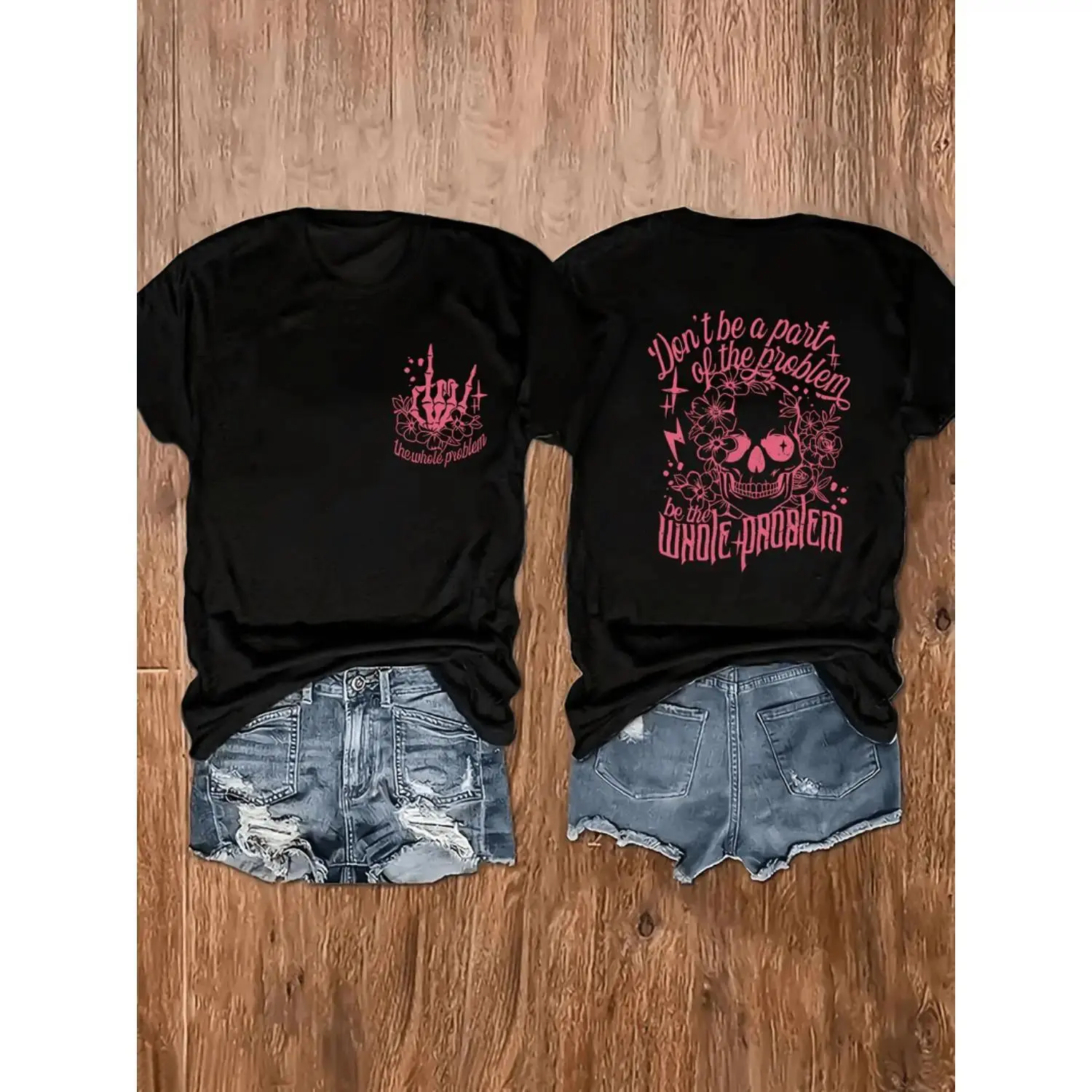 Unisex "Be The Whole Problem" T-Shirt Gothic Skull Floral Design Pink & Black Punk Graphic Tee Casual Crew Neck Top Edgy Streetwear For Rebellious Souls & Alternative Style Lovers