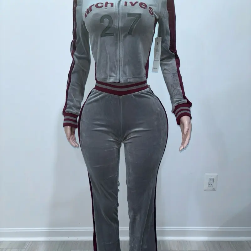 Taylor-7  2 Piece Set with Zip Up Hoodie and Pants - Black Velvet Tracksuit with Red Accents and 'Love 23' Embroidery
