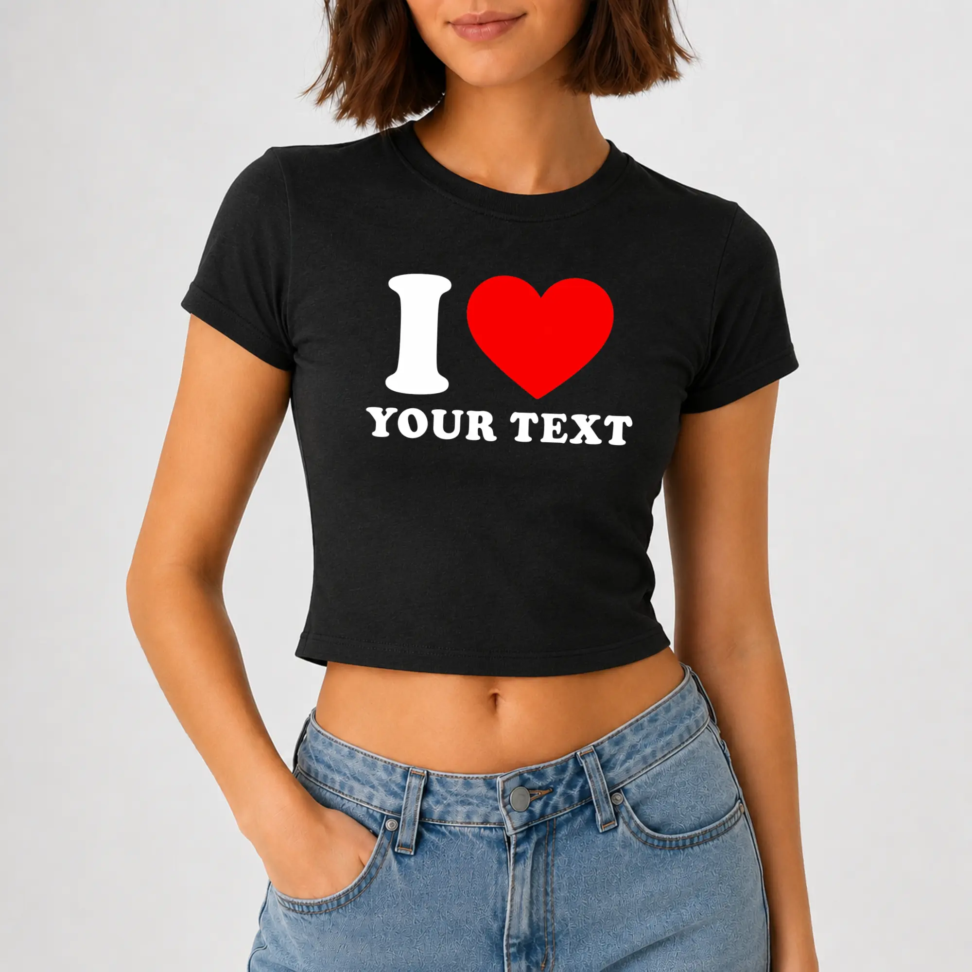 [Please leave a note] I Love Custom Text Baby Tee, Personalized Name Crop Top, Custom Graphic Baby Tee, Women's Fitted Rib Tee, Cute Y2K Shirt, Valentine's Gift for Her