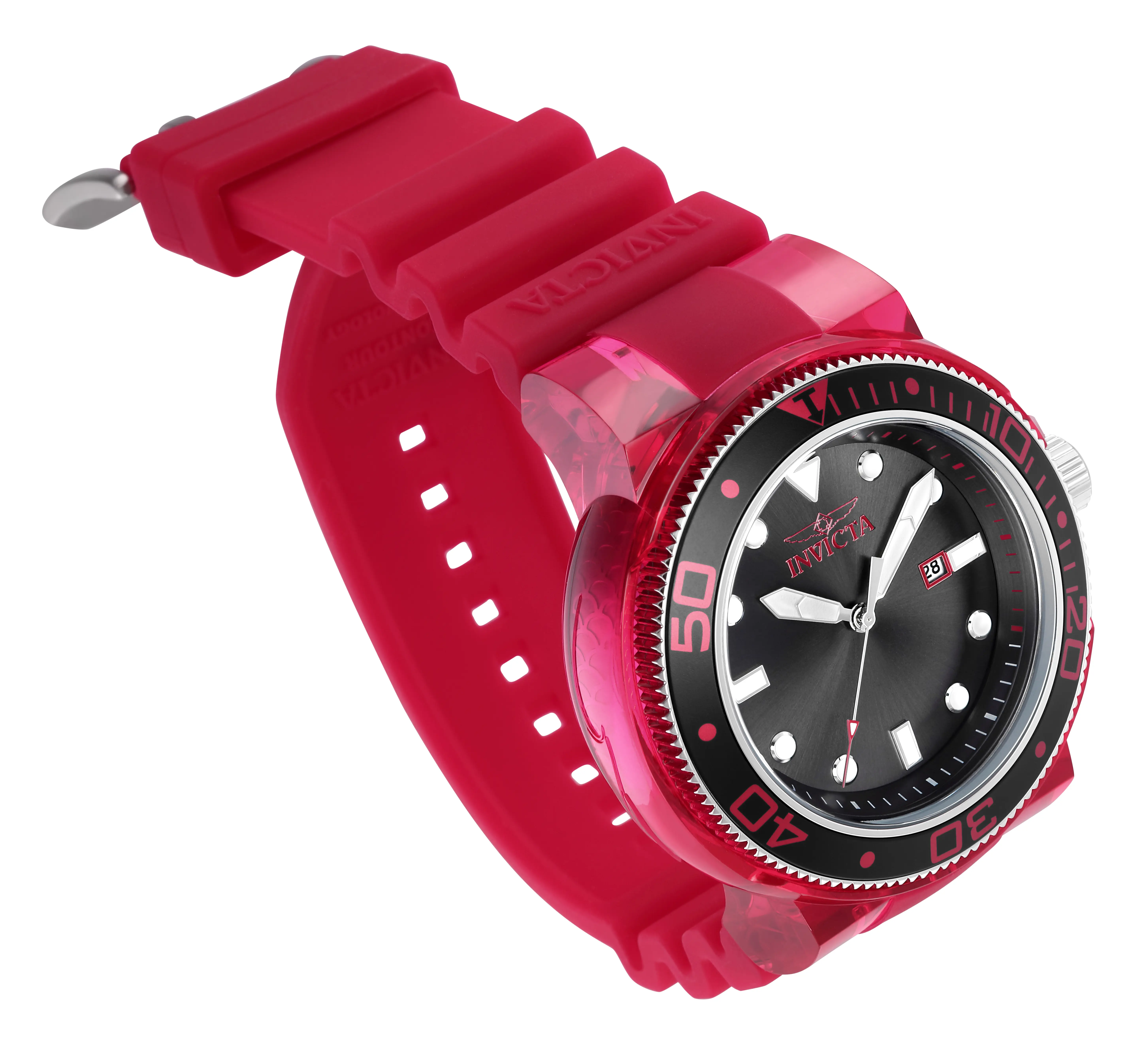 Invicta GRAND PRO DIVER Men's Stainless Steel Round Quartz Watch - Red, Silver, Black Colorway, Silicone Band, Anatomic Details, Glow-in-the-Dark, Self-Luminous, Masculine, for Everyday Wear, Stainless Steel Watch, Round Quartz Watches