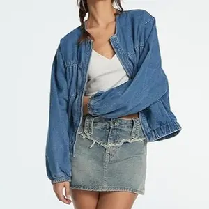 D-Sun Women Denim Bomber Jacket Casual Crewneck Long Sleeves Zip Collarless Cropped Jean Shirt Jacket with Pockets