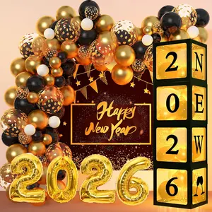 171PCS New Year Eve Party Kit Black Gold Balloon Arch, Lighted Boxes, Letters & Numbers