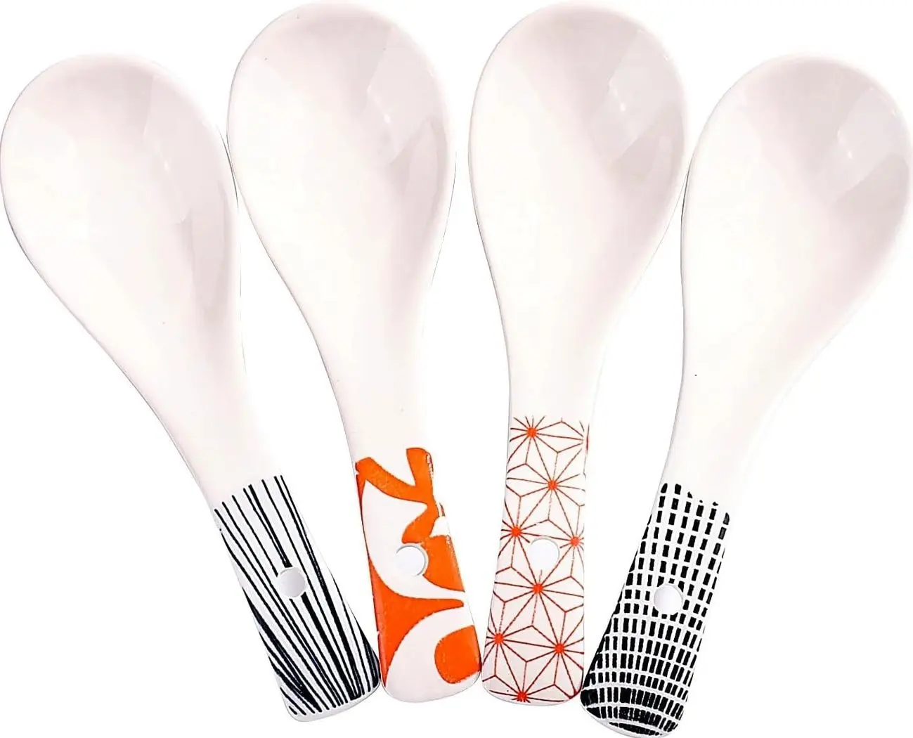 Japanese Ceramic Soup Spoon Set of 4, 5.66‘’ Retro Geometric Spoons | Cute Asian Porcelain Spoons for Soup, Pho, Miso or Rice. Durable Kitchen Tableware, Dishwasher safe