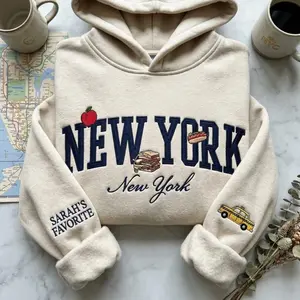 Custom New York City Embroidered Hoodie, Personalized Nyc Travel Embroidery Shirt, Taxi And Apple Souvenir Pullover For Women Gift