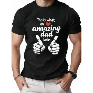 Father'S Day Black Crew Neck T-Shirts This Is What an Amazing Dad Looks Like with Thumbs Up Heart Symbol 2026 New Model Gifts for Your Loved One