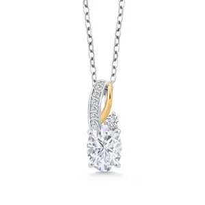 Gem Stone King 925 Silver and 10K Yellow Gold White Moissanite Pendant Necklace For Women (1.59 Cttw, Gemstone Birthstone, with 18 Inch Silver Chain)