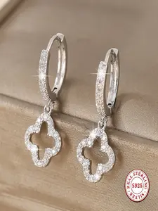 S925 Sterling Silver Four Leaf Clover Huggie Hoop Earrings, Hypoallergenic Cubic Zirconia Paved Open Clover Dangle Drop Earrings, Silver & Gold Plated Options, Fashion Jewelry Gift for Women Girls Daily Party Wear