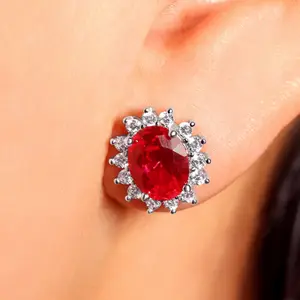 Sterling Silver Red Oval Gemstone with CZ Sunburst Stud Earring