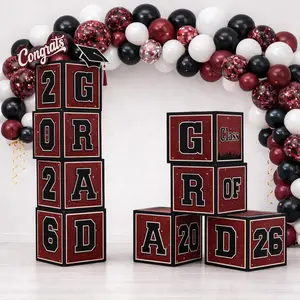 2026 Graduation Decorations Kit with 4 Pcs Balloon Boxes & 35 Pcs Burgundy & Black Balloon Garland