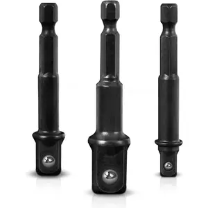 Impact Grade Socket Adapter Set, 3-PCS Drill Bit Adapter with Bit Holder, Sizes 1/4", 3/8", 1/2", 1/4-Inch SAE Hex Shank, Cr-V with Black Phosphate Finish