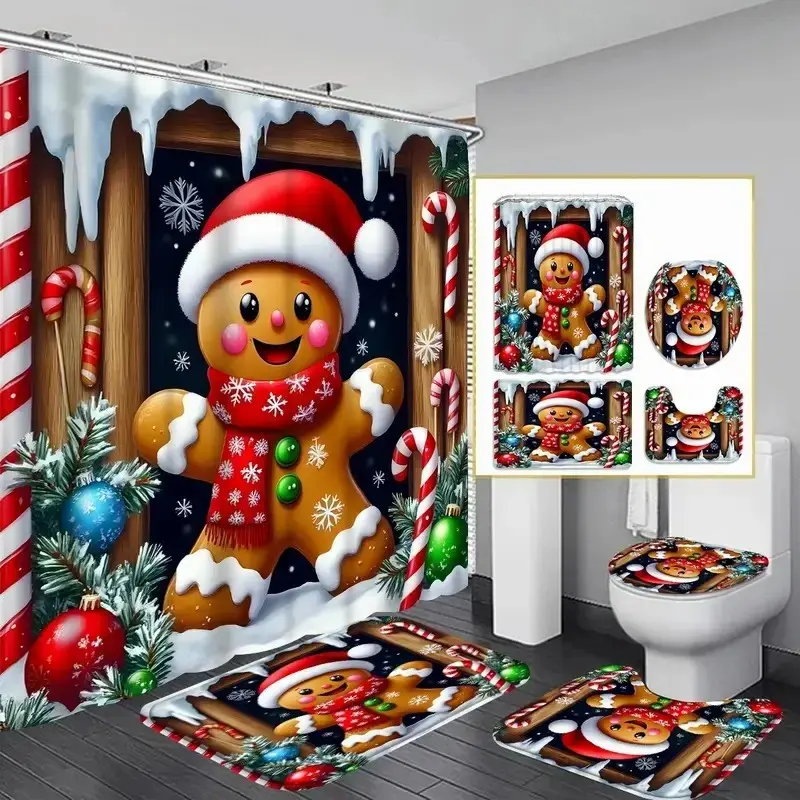 1/4pc Christmas Gingerbread Man Themed Shower Curtain Set, Funny Shower Curtain, featuring a snowman and gifts, waterproof and non-slip bathroom mat, toilet U-shaped mat, perfect for bathroom decoration Printed Shower Curtain