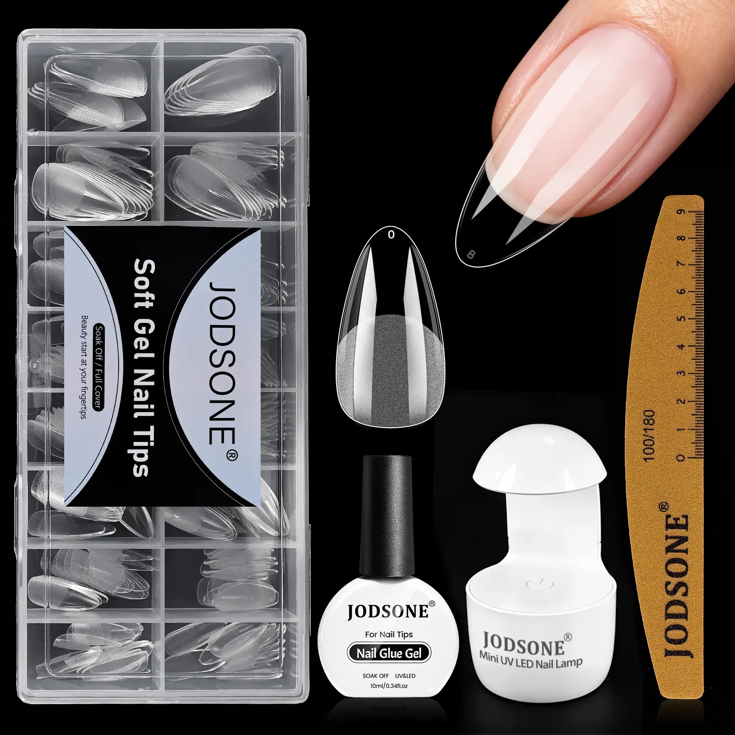 JODSONE 210pcs Short & Medium Almond Gel Nail Tips Kit with UV Lamp Nail Glue Nail File