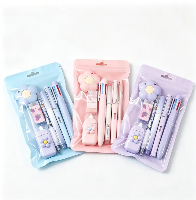 7-Piece Pastel Aesthetic Cute Stationery Set for Girls (Pink, Blue, Purple) – Back to School Homework Supplies with Smooth-Writing 4-Color Click Pens, Pencil Sharpener, Highlighter, Correction Tape, Ruler, Utility Knife