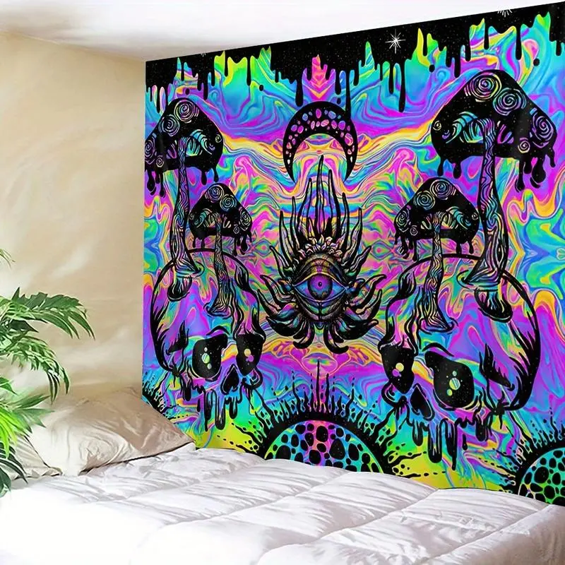 Skeleton & Mushroom Aesthetic Tapestry Wall Mural - Lightweight Polyester Room Art Wall Hanging for Living Room, Bedroom Decor, Gift | Includes Free Installation Kit (60x40 in)